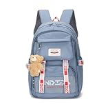 Mochila Unissex Escolar Passeio Grande Coreana Bolso Secreto Impermeável Feminina Faculdade +Ursinho (Azul (6263))