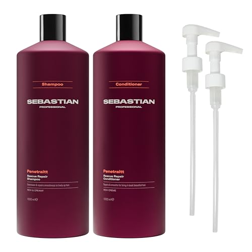 Sebastian Professional Penetraitt Shampoo & Conditioner Duo Set | 33.8 Fl Oz Liter Bottles Prepack with Pumps Included | For Dry Damaged & Colored Hair | Packaging May Vary