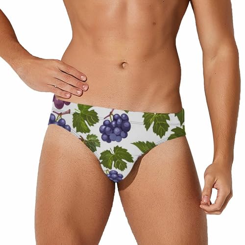 Purple Grapes with Green Leaves Mens Swim Briefs Bikini Swimwear Print Beach Shorts Sexy Swimsuit XL