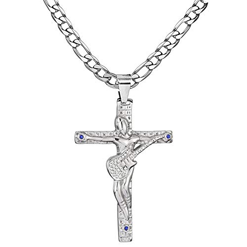 AFSTALR,Collana con ciondolo a forma di croce Johnny Hallyday, con catena Johnny Chitarra Rocker, in acciaio inossidabile argentato, colore: Jh4, cod. JH-NK-STEEL-D1-S