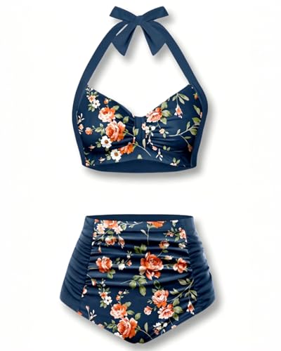 Image of Holipick Women High Waisted Bikini Set Two Piece Swimsuit Tummy Control Bathing Suit Vintage Halter Swimwear