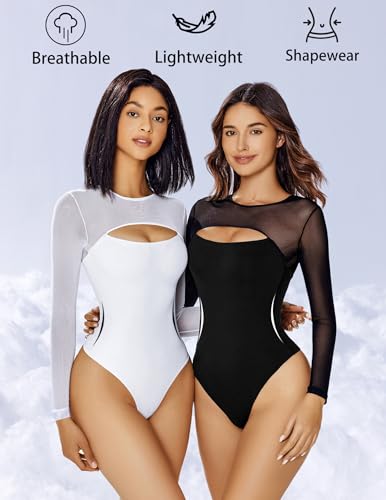 Avidlove Bodysuits for Women Round Neck Shapewear Bodysuit Long Sleeve Bodysuit Sexy Mesh Top Double Lined Cutout Shirt4