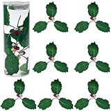 SUNNYCLUE 45 pieza de Hojas Artificiales de Acebo Navideño, Hojas Verdes A Granel, Bonitas Bayas de Imitación Plateadas Y Rojas, para Corona, Decoración para Árbol de Navidad, Manualidades, Tartas, Fi