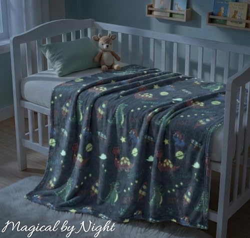 Image of BSB HOME Glow in The Dark Kids Blanket, Soft Flannel Fleece Luminous Blanket for Boys & Girls, Cozy Lightweight Kids Throw for Bed - 30 x 40 in (76 x 102 cm) (Dinosaur & Space Theme - Dark Grey)