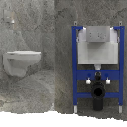 Biubiubath Modern Bathroom Round Rimless Wall Hung Toilet UF Slim Soft Close Seat with 0.82M Low Height Concealed Cistern Frame & Round Sliver Flush Plate