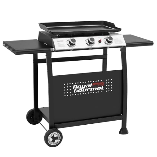 Royal Gourmet Plancha Gaz sur Chariot, 3 Brûleurs Puissance 7.5 kW, Plaque Amovible de Surface Cuisson 62,0 x 35,5 cm, Avec 2 Tablettes et 2 Roues, Portable...