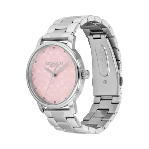 Image of Coach Grand Qtz Basic Women's Watch, Pink Round Dial, Khaki Band, Analog 14000088, Mahogany Calfskin & Khaki Fabric Material