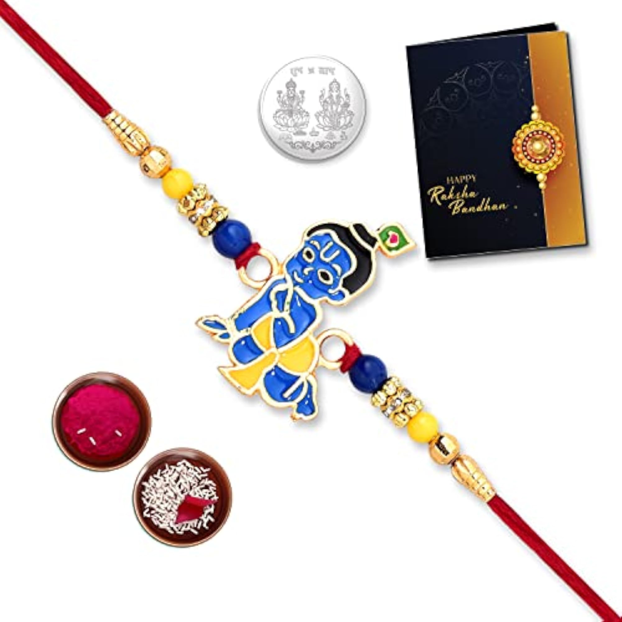 Multicolor Krishna Rakhi Combo with Pooja Coin and Greeting Card