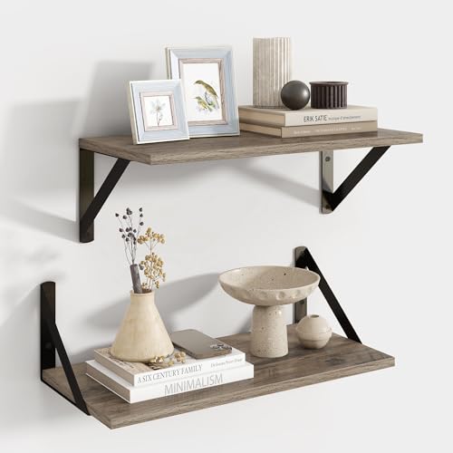 Axeman Floating Shelves for Wall, 16W x 8D Floating Shelves Set of 2, 8 Inch Deep Rustic Grey Wood Wall Mounted Shelves for Farmhouse Bookshelf Living Room Bedroom