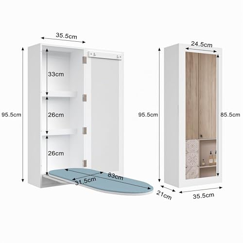 Armario para tabla de planchar de pared con espejo plegable blanco 7