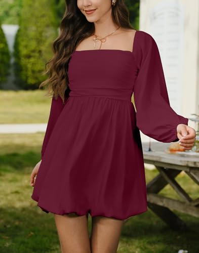 Image of HYPERFIRE Women's Square Neck Long Sleeve Bubble Mini Dress Pleated Smocked A Line Wedding Dresses