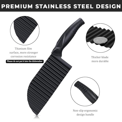 Image of PANCA Black Crinkle Knife for Vegetables & Fruits | Wavy Cutter for Potatoes, Salad, French Fries & Chips | Non-Stick Stainless Steel Blade with Ergonomic Handle