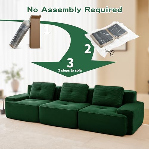 Image of 117 inch Oversized 3 Seater Modular Boneless Couch, Durable Corduroy Fabric, Deep Seat Cloud sectional Sofa with Buckle Connection and Tufted Detail, No Assembly, Anti Slip, Green