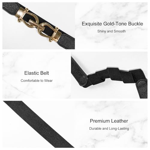 2 Pcs Elastic Belts for Women, Black and Brown Belt with Gold Buckles, Dress Skinny Belts3