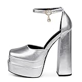 MERUMOTE Womens Sexy Square Toe Platforms Pumps High Heels Chunky Block Heels Rhinestone Party Shoes Silver Matte US6.5