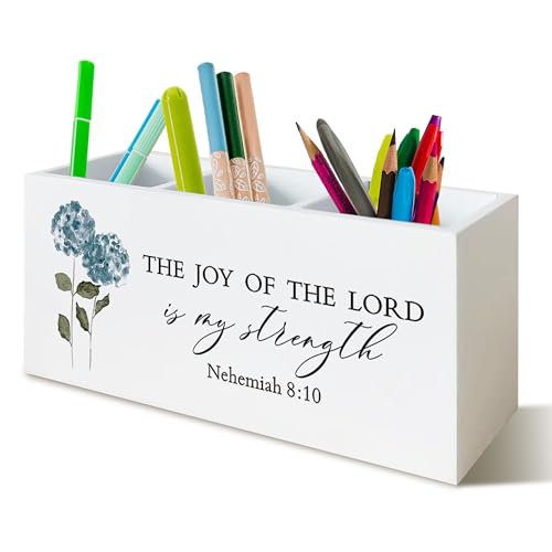 YTRGI Hydrangea Christian Decor, Hydrangeas Pen Holder for Office Desk, Religious Hydrangea Gifts for Women Men, Bible Verse Christian Wooden Pencil Holder Sign Organizer for Desk Accessories