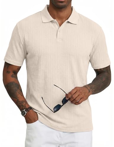 JMIERR Polo Shirts for Men Short Sleeve V-Neck Old Money Loose Casual Classic Soft Button Knit Shirt, XL, Khaki