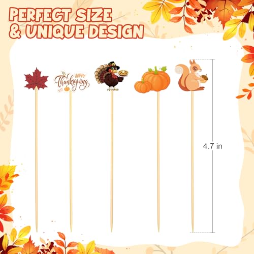 100 Fall Cocktail Picks, Thanksgiving Fancy Toothpicks for Appetizers Charcuterie Food Drinks Fruit, Autumn Theme Turkey Pumpkin Maple Leaf Squirrel Bamboo Skewers Sticks, Party Decorations Supplies