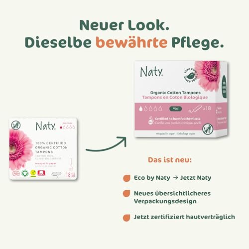 Naty Tampons Mini aus 100% Bio-Baumwolle | Frei von schädlichen Chemikalien | Plastikfrei | Ohne Duftstoffe | Hypoallergen | Gynäkologisch getestet | Natürlicher Auslaufschutz | Vegan | 18 Stück
