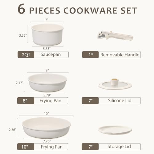 كاروت طقم اواني طهي سيراميك من 6 قطع بمقبض قابل للفصل، مقلاة ومقلاة مع اغطية، مجموعة طهي صحية غير لاصقة خالية من PFAS، متوافقة مع جميع مواقد المطبخ، امنة للاستخدام في غسالة الصحون (لون كريمي)