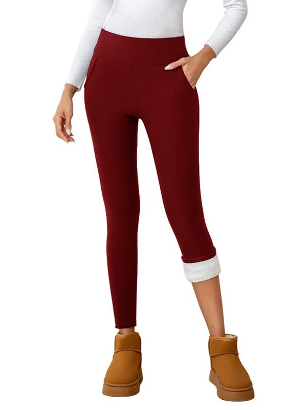 Leggins Termicos Mujer Invierno Mallas Termicas Afelpadas Gruesas Pantalon Forro Polar Leggings Cintura Alta con Bolsillos para Deporte Exterior Casa, Rojo S