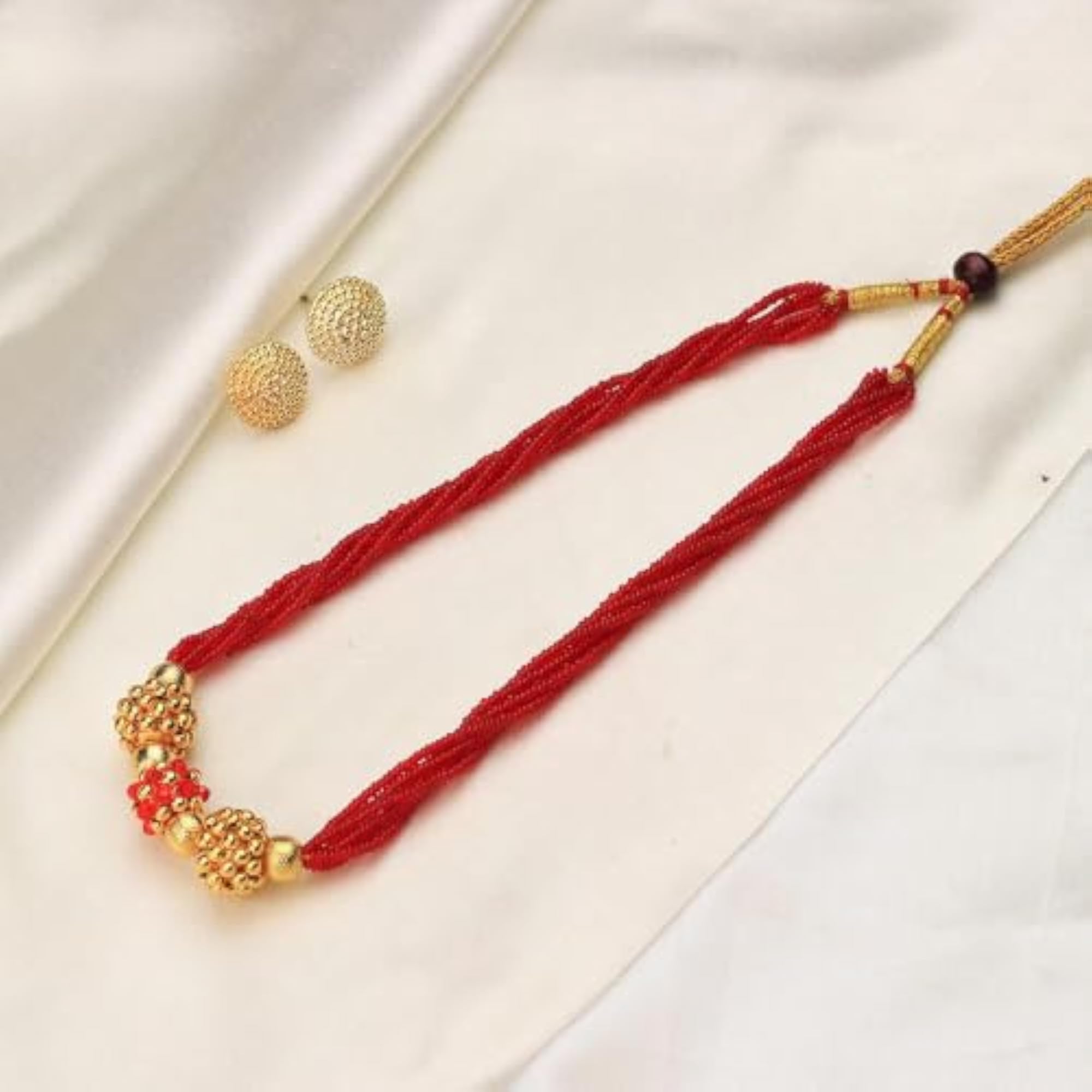 Women's Red Multi-Strand Beaded Gold Necklace & Earrings Set