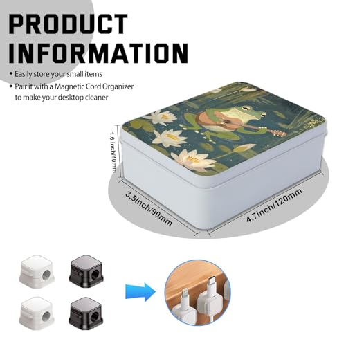 Image of Metal Tin Box with Lid,Multi-functional Storage Box Can Store Tea Biscuits Game Cards, Playing & Tarot Cards-Comes with 4 Magnetic Cord Clips,Frog Playing Guitar