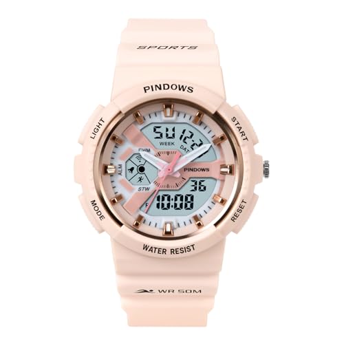 PINDOWSレディース腕時計 アナログデジタル LEDバックライト 50m防水仕様多機能スポーツウォッチ ランニングアウトドアアクティビティに