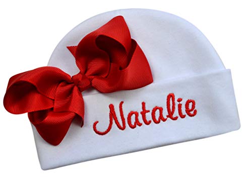 Personalized Embroidered Baby Girl Christmas Hat with Your Custom Name - Choose Bow or Flower (Red Grosgrain Bow)