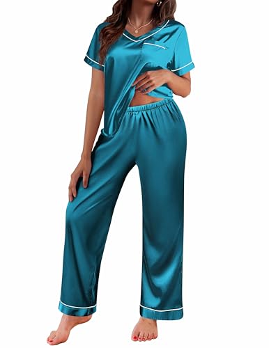 Ekouaer Womens Silk Satin Pajamas Set Two Piece Pj Sets Sleepwear Loungewear Short Sleeve Pj Sets Blue