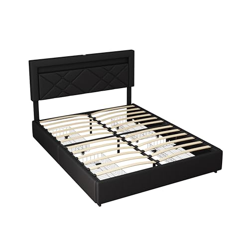 GOWE Moldura de cama queen size com luzes LED, estação de carregamento USB, moldura de cama de tinta