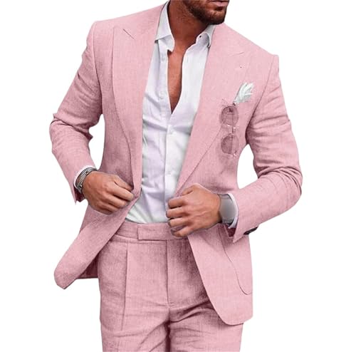 Linen Suit Set for Men,Men's Slim Fit 2 Piece Suit,Casual Wedding Summer Beach Party Blazer Pants Set