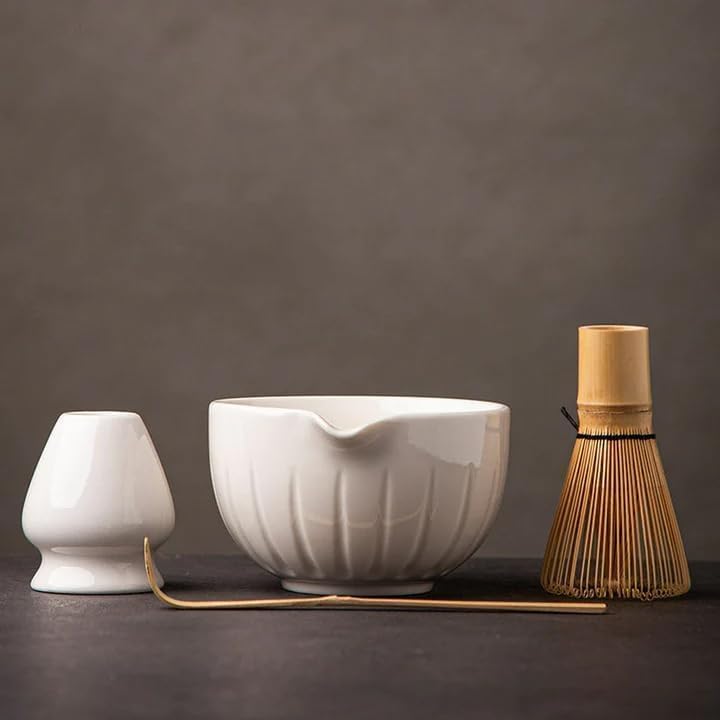 Matcha Set - Match Bowl and Whisk, 15 OZ, Matcha Scoop | Matcha Whisk Stand (Chasen Holder) - 4pc Perfect Matcha Kit for Matcha Tea Ceremony (White)