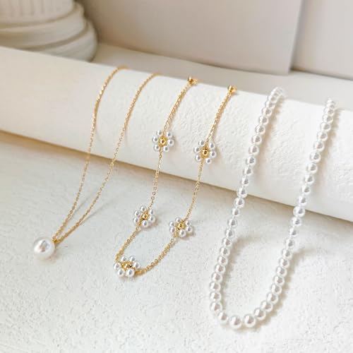 Image of Zeffy Gold Pearl Necklace for Women, Dainty 14K Gold /Silve Plated Layered Pearl Choker Pearl Earrings Pearl Bracelets Wedding Trendy Gold Jewelry Set for Women Gifts