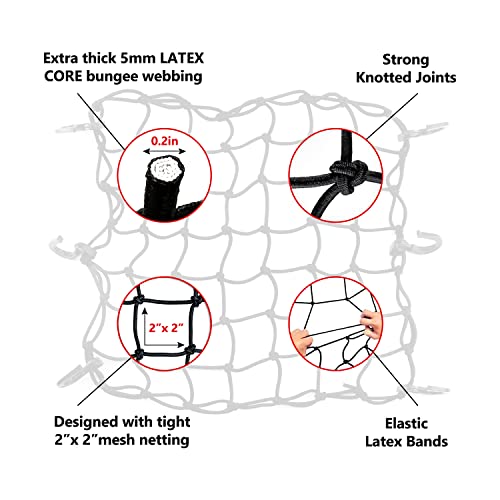 15"X15" Universal Truck Bed Net Black Latex Bungee Cargo Net Extends To 30"X30" With 6 Adjustable Hooks & Tight 2"X2" Mesh #TOP3