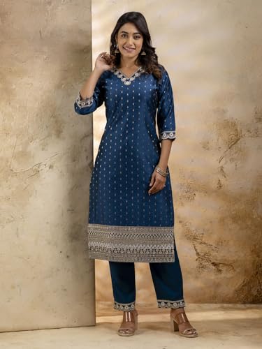 Image of VredeVogel Women's Chanderi Silk Embroidered Kurta with Pant & Organza Dupatta Set | Casual Outfit Ethnic Kurta Set for Women | Modern & Traditional Blend Ethnic Wear