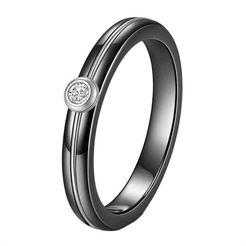 Ouruiba Bague Solitaire en Céramique Noire Zirconium Diamant Simulé Anneau Acier Inoxydable Bague des Fiançailles Mariage Alliance Bijou Femme Taille 54