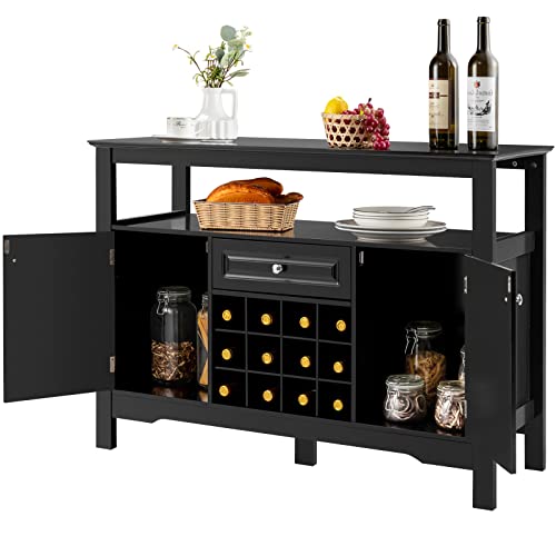 Petsite Kitchen Sideboard Buffet Storage Cabinet, Coffee Bar Station With Wine Rack, Shelves, 2 Cabinets & Drawer, Wood Accent Modern Console Table For Living Room, Dining Room, Entryway (Black) #TOP1
