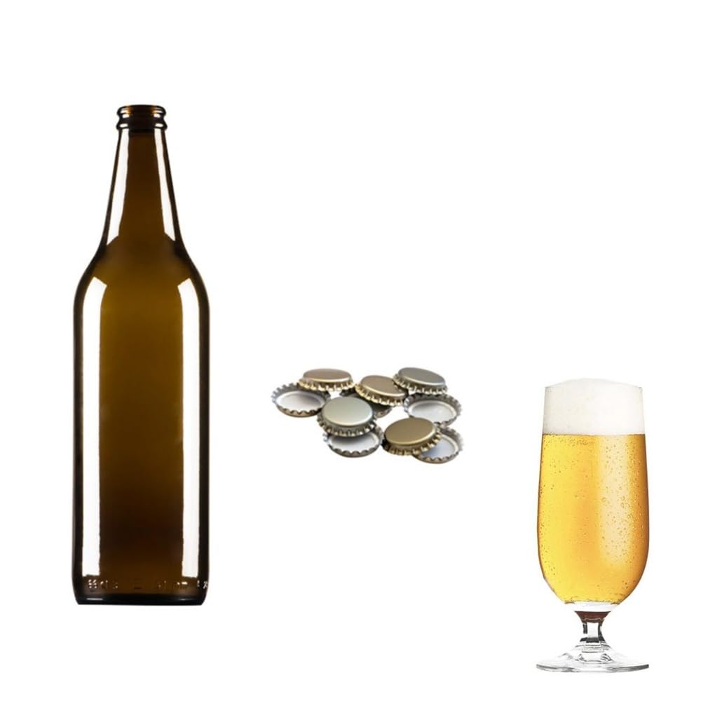 20 Bottiglie in Vetro per Birra da 660 ml (66 cl) Color Ambra con 100 Tappi Corona Oro Inclusi – Ideali per Birra Artigianale, Succhi, Bevande e Conserve