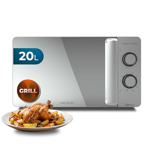 Cecotec Microondas con Grill ProClean 3160 Mirror Wave. 700W, 6 Niveles, Grill 800W, Capacidad 20L, Revestimiento Ready2Clean para mejor Limpieza, Tecnología 3DWave, Temporizador, Diseño Efecto Espejo