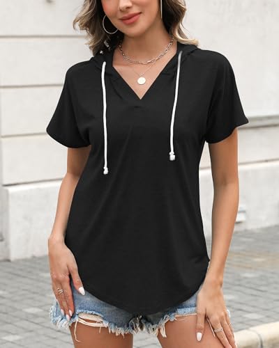 Poetsky Hoodies for Women V Neck Long Sleeve Lightweight Sweatshirts Drawstring Pullover Tops3