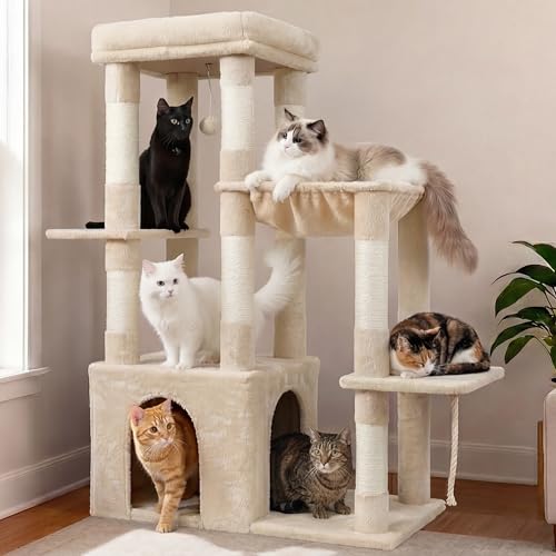 Heybly Tiragraffi per Gatti, 120cm Torre Alta Interna per Gatti Adulti, con Ampia Base e Casa Appartamento, Mobili Morbidi Multilivello con Graffiatoio, Amaca, Pallina da Gioco, Beige HCT026M