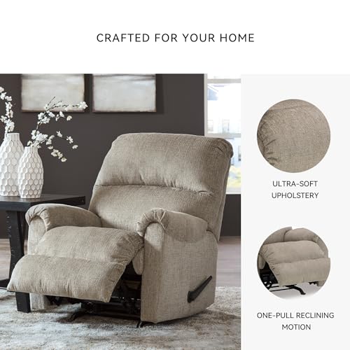 Image of Signature Design by Ashley Stonemeade Rocker Recliner Chair, Manual Reclining Motion, Comfortable Cushions, Soft Taupe Chenille Fabric, Compact Design for Living Room, Nursery, and Office