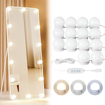 Yarnock 14 Bulbs LED Vanity Lights for Mirror, 3000K 4000K 6500K & 10-Brightness, Wire Length Adjustable, USB Cable, Hollywood Mirror Lights for Makeup Dressing Room Bathroom, White