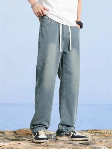 Hndudnff Men's Summer Cotton Jeans Casual Elastic Waist Drawstring Stretch Straight Leg Denim Long Pants3