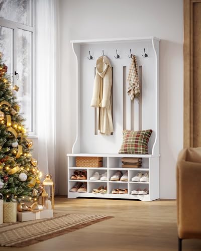 VASAGLE Garderobenständer mit Schuhbank, Garderobe, Schuhaufbewahrung, 5 Dreifach-Haken, freistehend, platzsparend, für Eingangsbereich, Flur, verstellbare Regalebenen, wolkenweiß HSR404T10