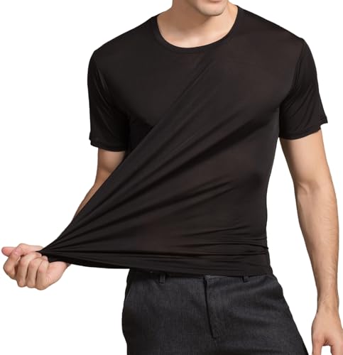 Mens Mulberry Silk T-Shirts Short Sleeve 100% Pure Silk Tee Shirts Breathable Workout Shirts Crew Neck Undershirt Top3