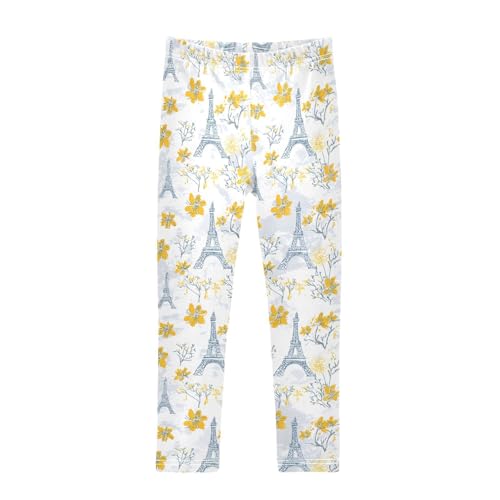 Paris Eiffel Tower Vintage Flower Girls Leggings Ultra Soft Compression Yoga Gym Pants for Kids 4-10T