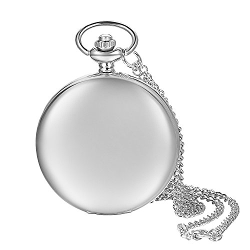 Lancardo Smooth Metal Silver Case White Dial Arabic Numbers Modern Pocket Watch with Chain