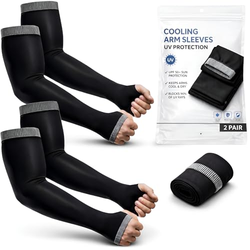 Image of PULGOS Black Arm Sleeves for Men & Women (Pack of 2) | UPF 50+ UV Sun Protection | Cooling & Breathable Sports Arm Sleeves for Cycling, Running, Biking, Cricket & Outdoor Activities
